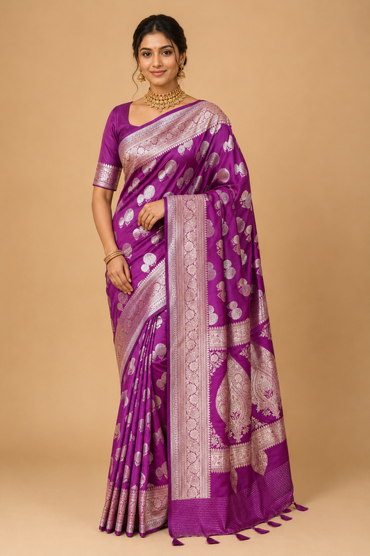 Zartari Handwoven Banarasi Silk Saree in Royal Purple with Antique Silver-Gold Zari Weaving