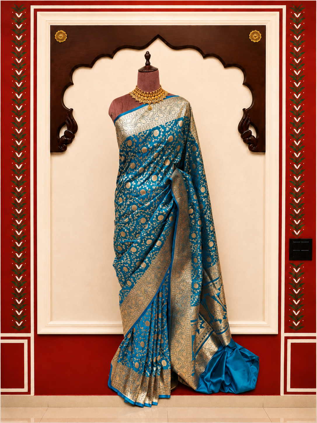 Zartari Handwoven Banarasi Silk Saree in Peacock Blue with Silver-Gold Zari Floral Jaal