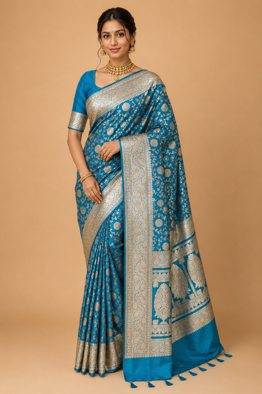 Zartari Handwoven Banarasi Silk Saree in Peacock Blue with Silver-Gold Zari Floral Jaal