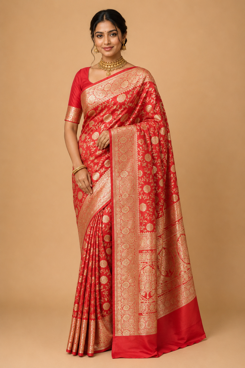 Zartari Handwoven Banarasi Silk Saree in Coral Pink with Antique Gold Zari Floral Jaal