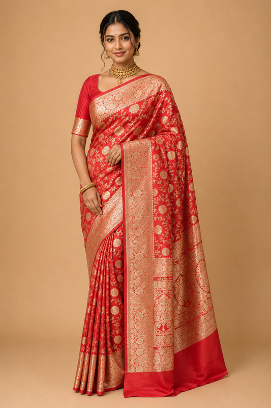 Zartari Handwoven Banarasi Silk Saree in Coral Pink with Antique Gold Zari Floral Jaal