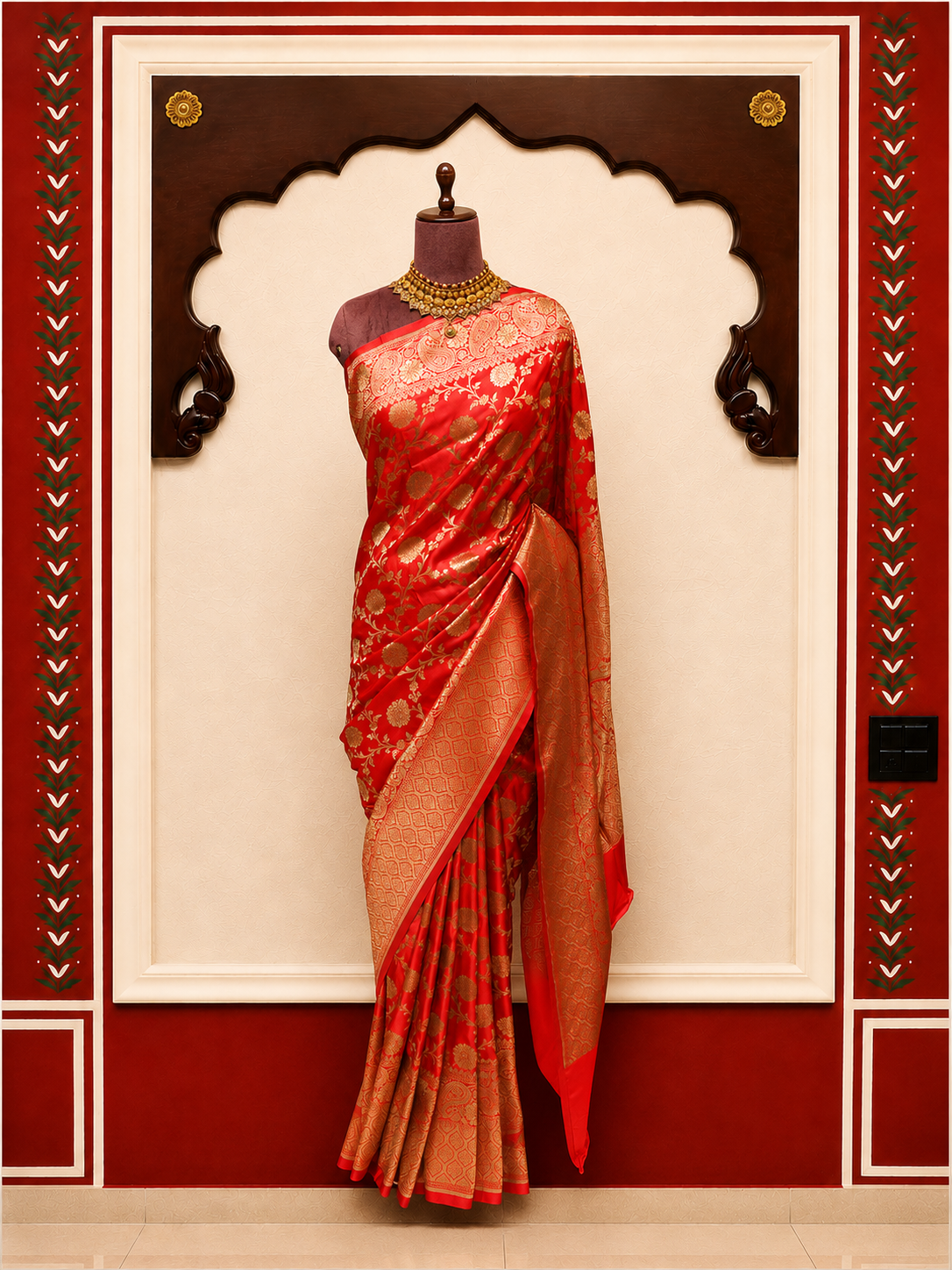 Zartari Handwoven Banarasi Silk Saree in Coral Pink with Antique Gold Zari Floral Jaal
