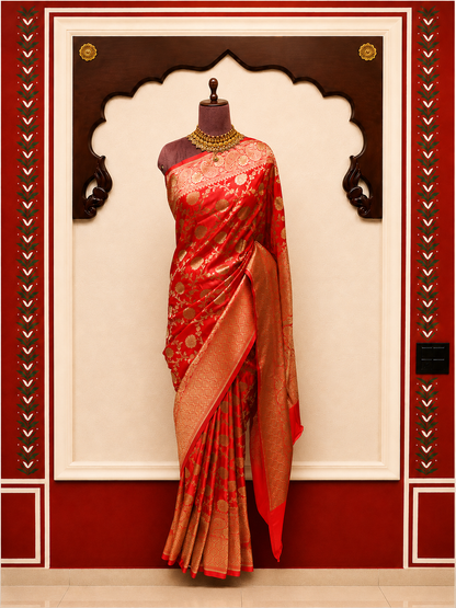 Banarasi Silk Saree in Coral Pink with Antique Gold Zari Floral Jaal