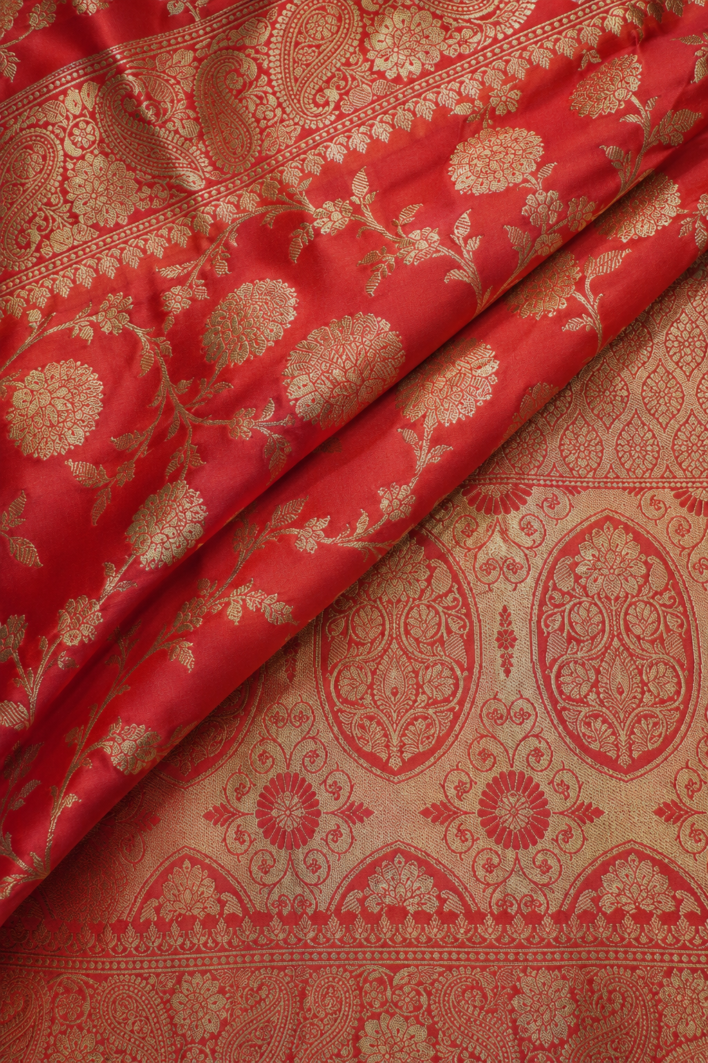 Zartari Handwoven Banarasi Silk Saree in Coral Pink with Antique Gold Zari Floral Jaal