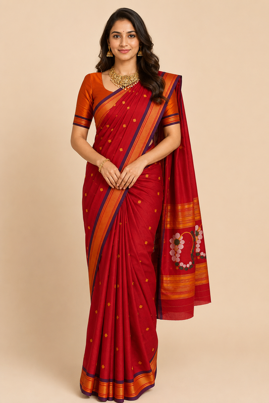 ZARTARI Handwoven Paithani Silk Saree – Deep Red with Traditional Zari Weaving