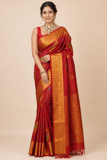 Zartari Premium Maroon Paithani Silk Saree with Traditional Peacock Motifs & Rich Zari Pallu