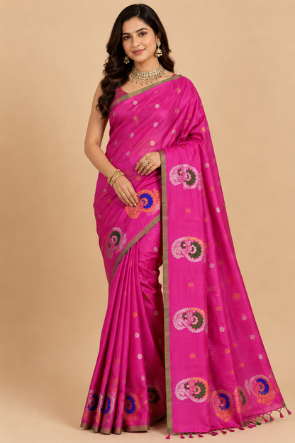 Zartari Premium Rani Pink Paithani Silk Saree with Traditional Woven Paisley Pallu