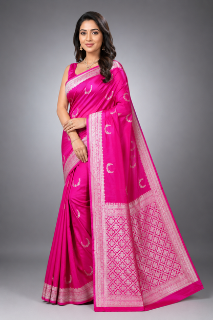 Banarasi Satin Silk Saree with Silver Zari Jaal Pallu & Booti - Bridal & Wedding Wear Saree