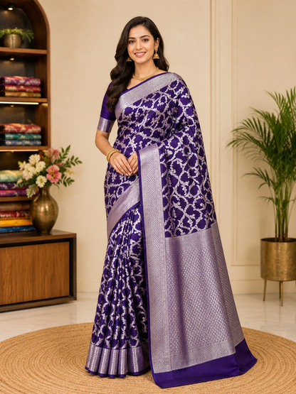 Royal Purple Pure Silk Banarasi Saree | Silver Zari Patola Meena Jaal Weave | Festive & Bridal