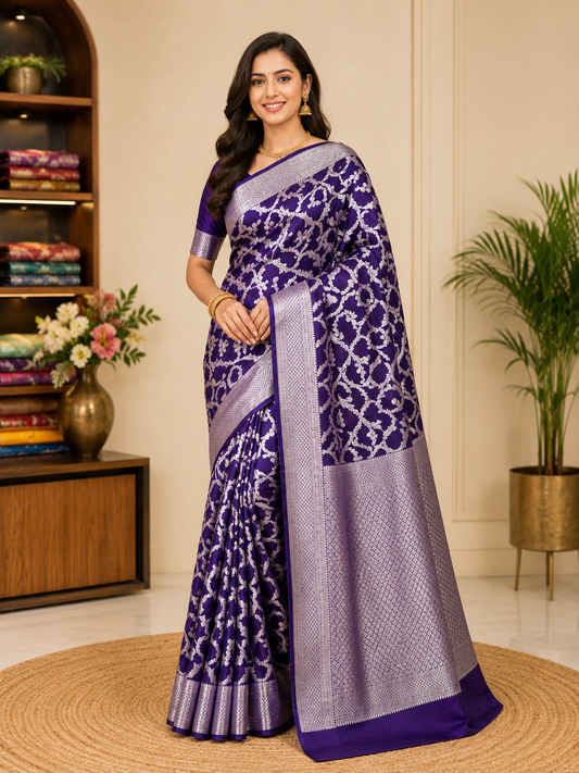 Royal Purple Pure Silk Banarasi Saree | Silver Zari Patola Meena Jaal Weave | Festive & Bridal