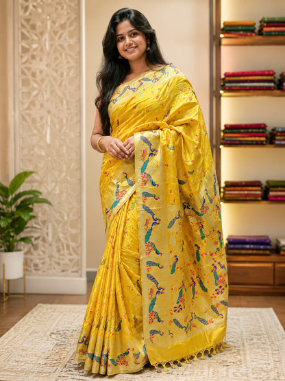 Marigold Yellow Pure Silk Banarasi Saree | Satin Meena Peacock Weave | Festive Handloom
