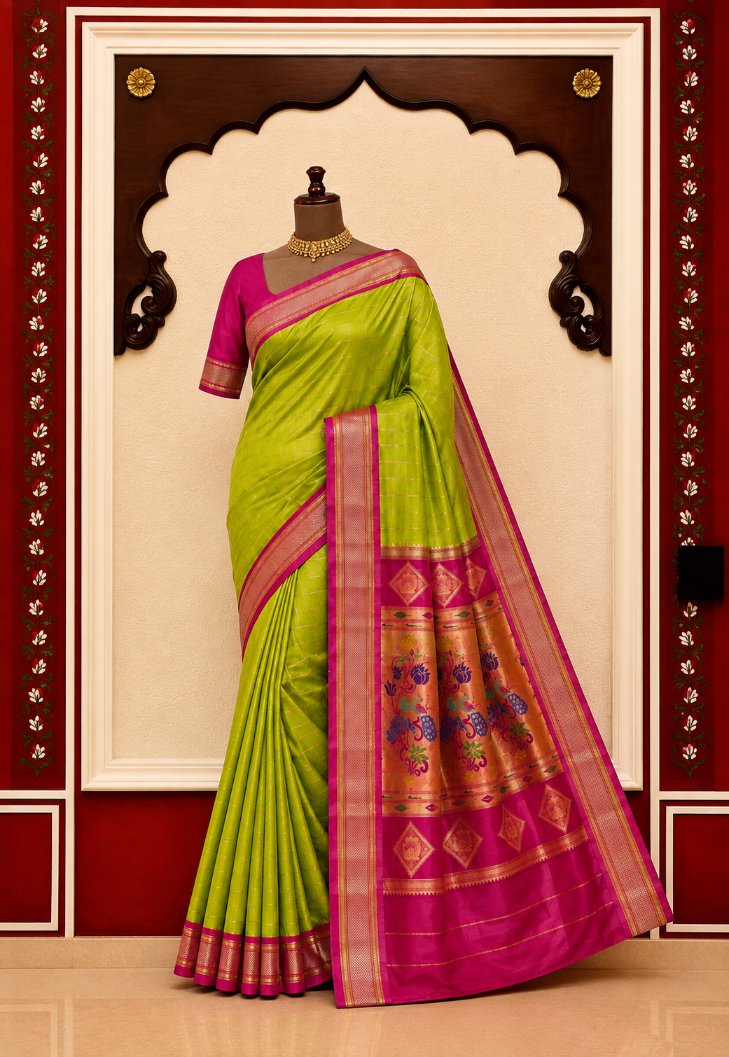 ZARTARI Paithani Silk Saree – Parrot Green with Rani Pink Zari Border & Traditional Floral Peacock Pallu