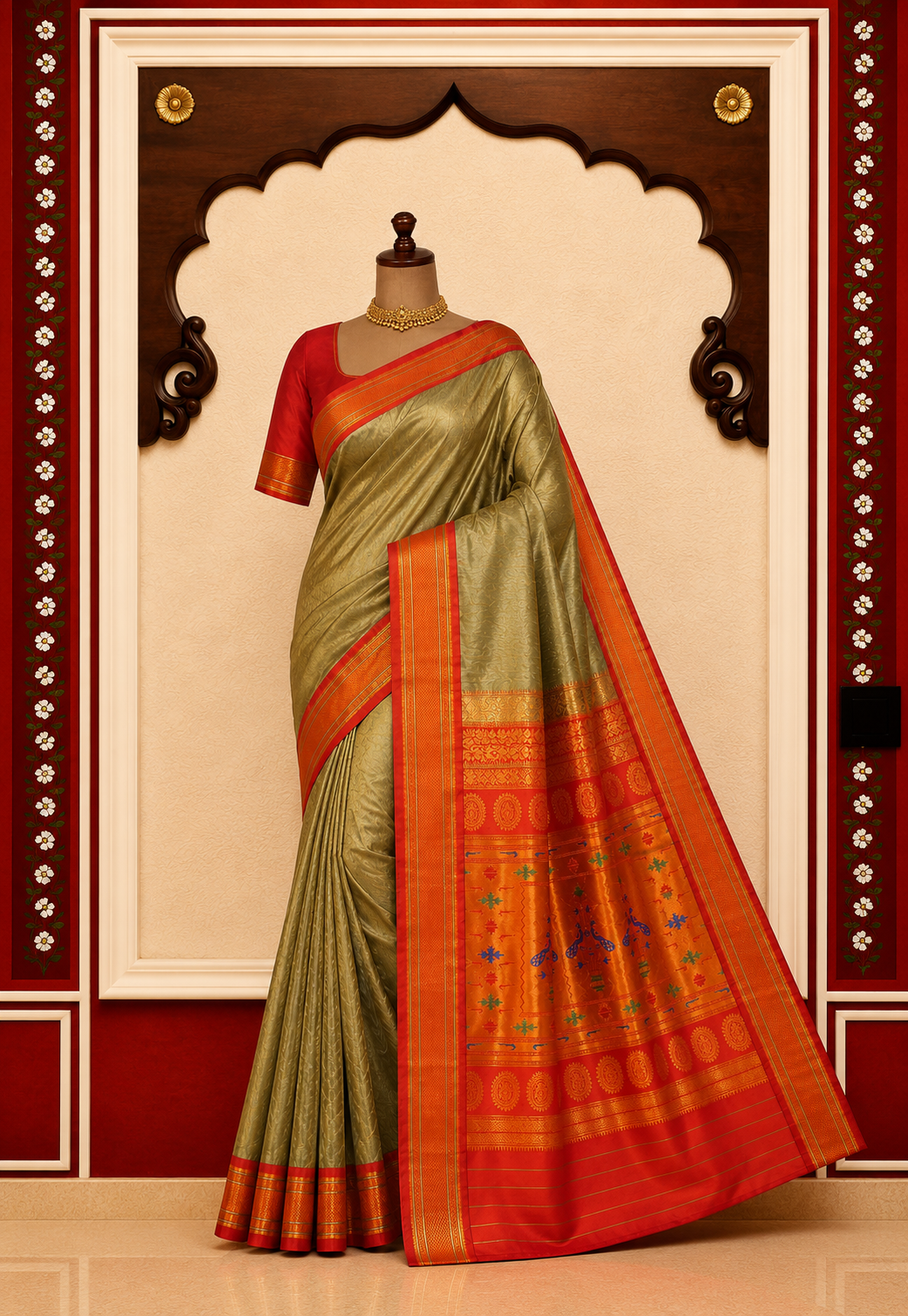 ZARTARI Paithani Silk Saree – Olive Green with Red-Orange Zari Border & Traditional Peacock Pallu