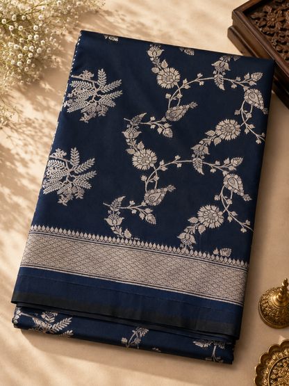 Banarasi Blended Satin Saree – Wine Maroon with Golden Floral Zari Jaal