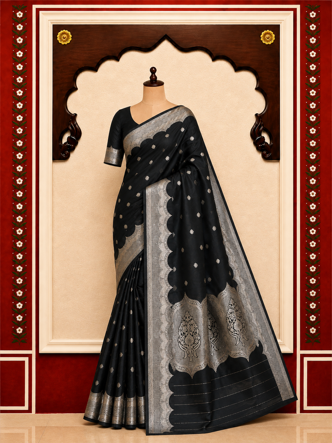 Zartari Handwoven Banarasi Silk Saree in Black with Rich Silver Zari Leaf Butti & Ornate Pallu