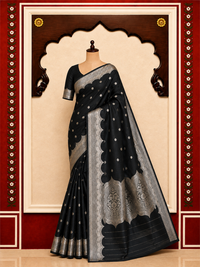 Zartari Handwoven Banarasi Silk Saree in Black with Rich Silver Zari Leaf Butti & Ornate Pallu Alternate Angle