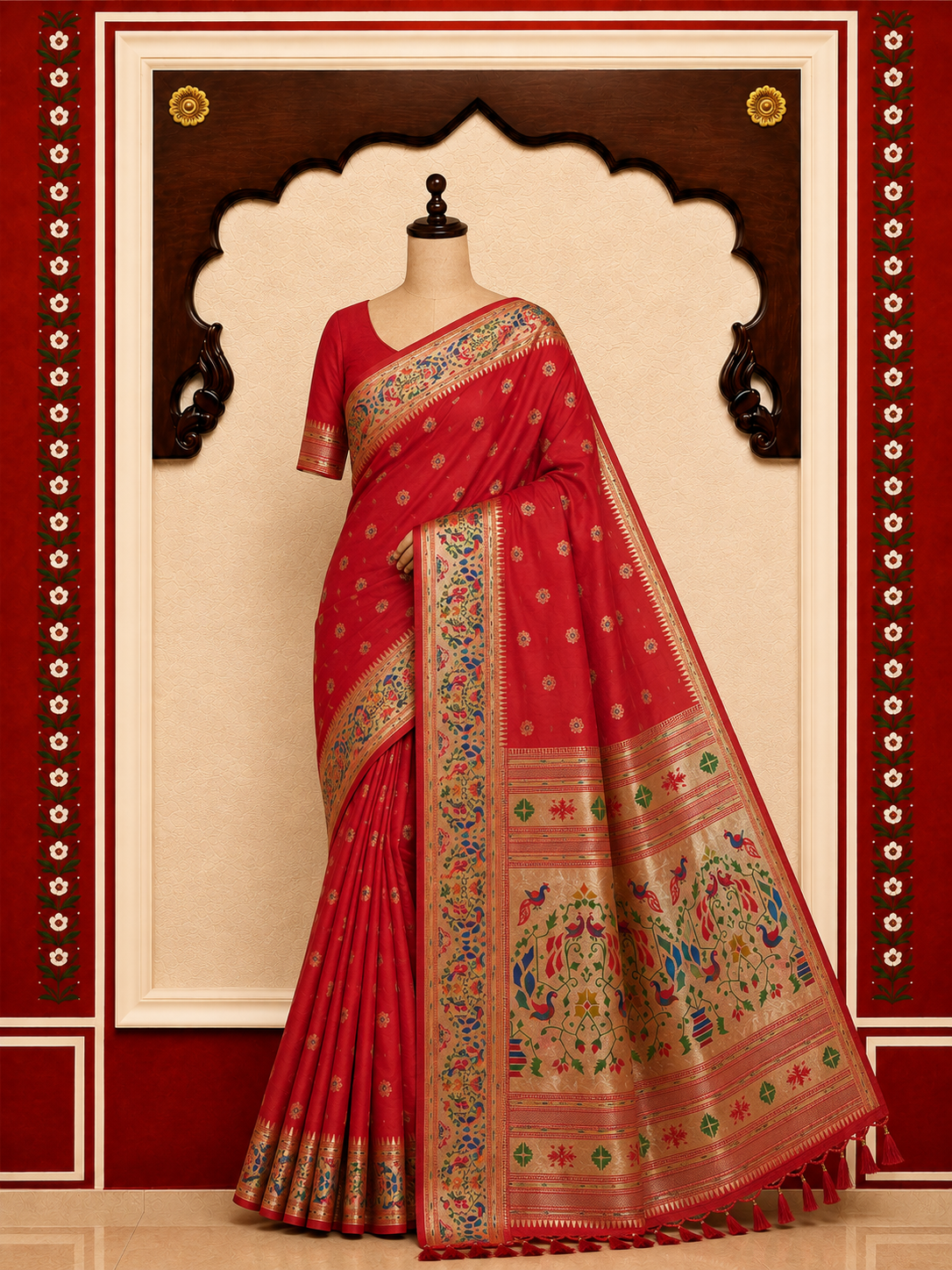 Zartari Handwoven Paithani Silk Saree in Red with Multicolour Peacock & Floral Zari Pallu