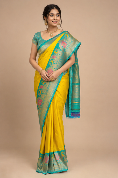Zartari Premium Sunshine Yellow Paithani Silk Saree with Aqua Blue Peacock Border & Rich Zari Pallu