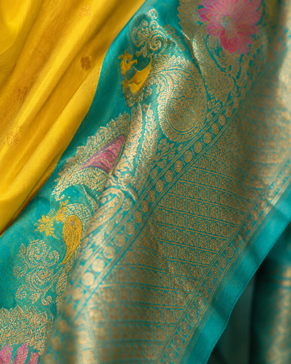 Zartari Premium Sunshine Yellow Paithani Silk Saree with Aqua Blue Peacock Border & Rich Zari Pallu