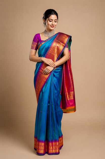 Royal Blue Paithani Style Silk Saree with Magenta Zari Border & Running Blouse