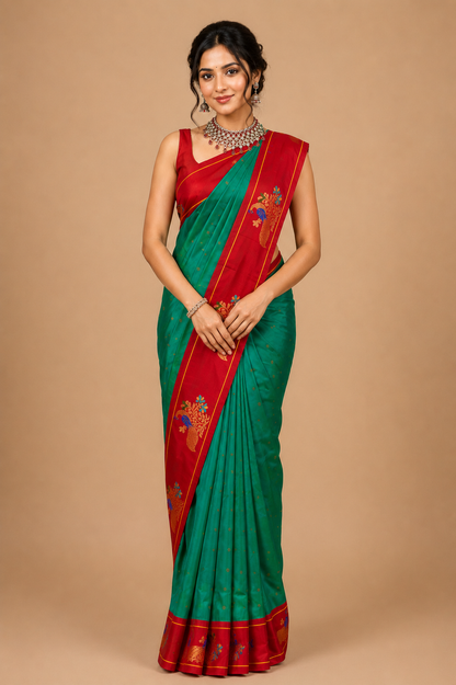 Premium Green Paithani Silk Saree with Rich Red Zari Border & Traditional Peacock Motifs