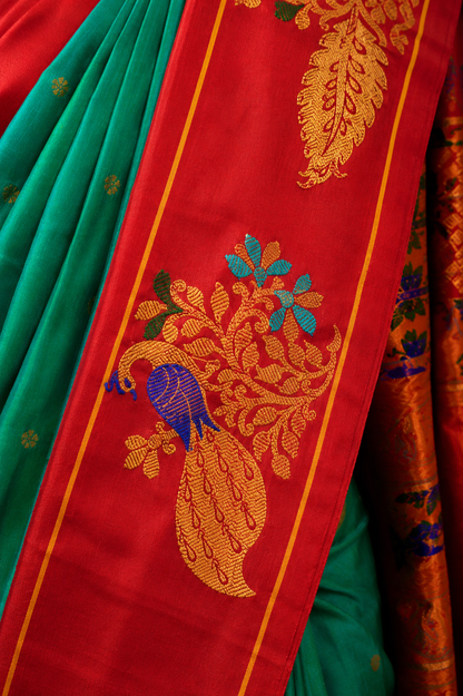 Premium Green Paithani Silk Saree with Rich Red Zari Border & Traditional Peacock Motifs