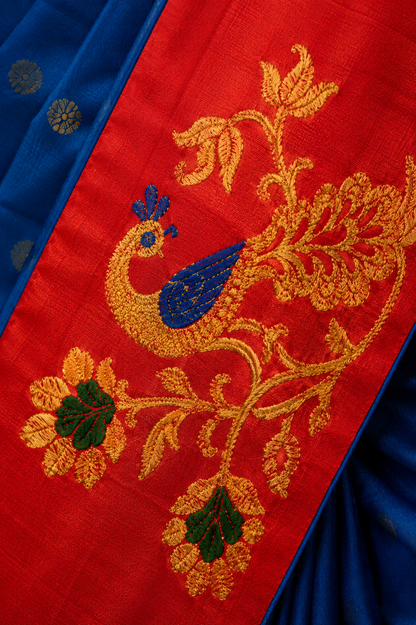 Royal Blue & Red Paithani Style Silk Saree with Peacock Woven Border & Running Blouse