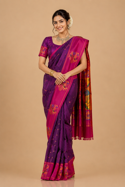 ZARTARI Handwoven Paithani Silk Saree – Royal Purple & Rani Pink with Traditional Peacock Zari Weaving