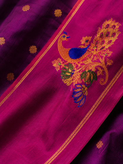 ZARTARI Handwoven Paithani Silk Saree – Royal Purple & Rani Pink with Traditional Peacock Zari Weaving