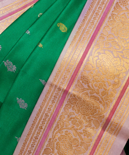 ZARTARI Handwoven Paithani Silk Saree – Emerald Green & Lilac Pink with Floral Zari Border