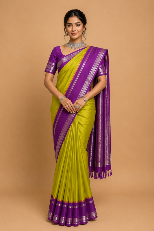 ZARTARI Handwoven Paithani Silk Saree – Lime Green & Royal Purple with Traditional Silver Zari Border