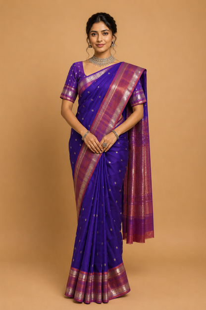 ZARTARI Handwoven Paithani Silk Saree – Royal Blue & Magenta Pink with Traditional Zari Border