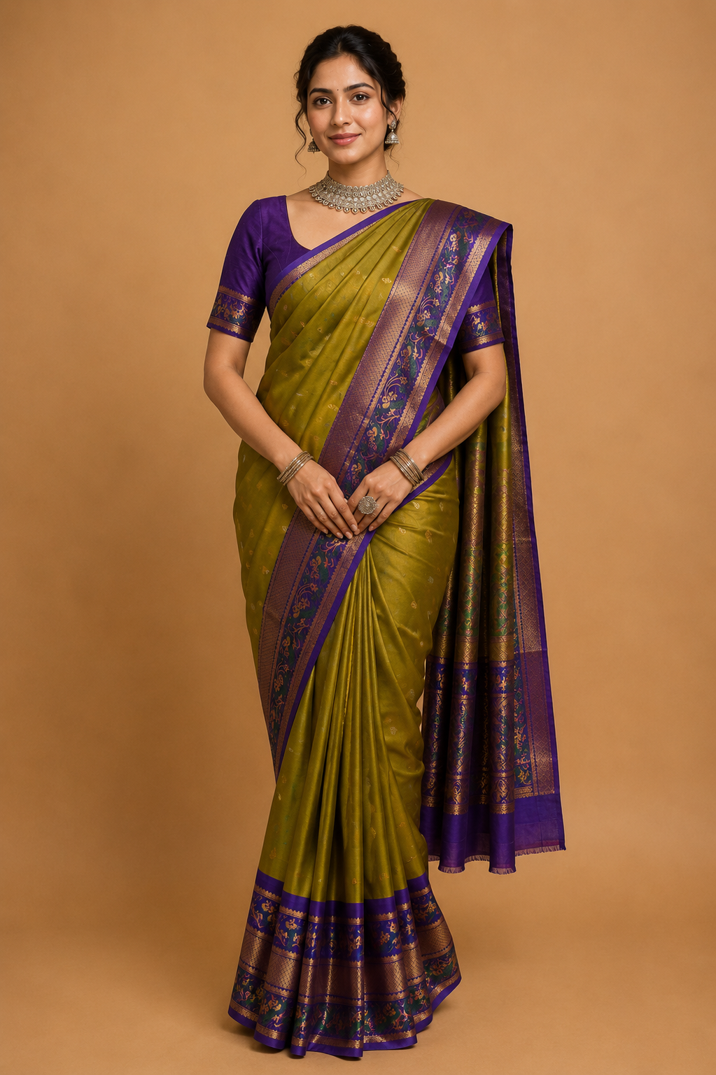 ZARTARI Handwoven Paithani Silk Saree – Olive Green with Royal Purple Floral Border & Rich Woven Pallu