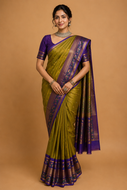 ZARTARI Handwoven Paithani Silk Saree – Olive Green with Royal Purple Floral Border & Rich Woven Pallu