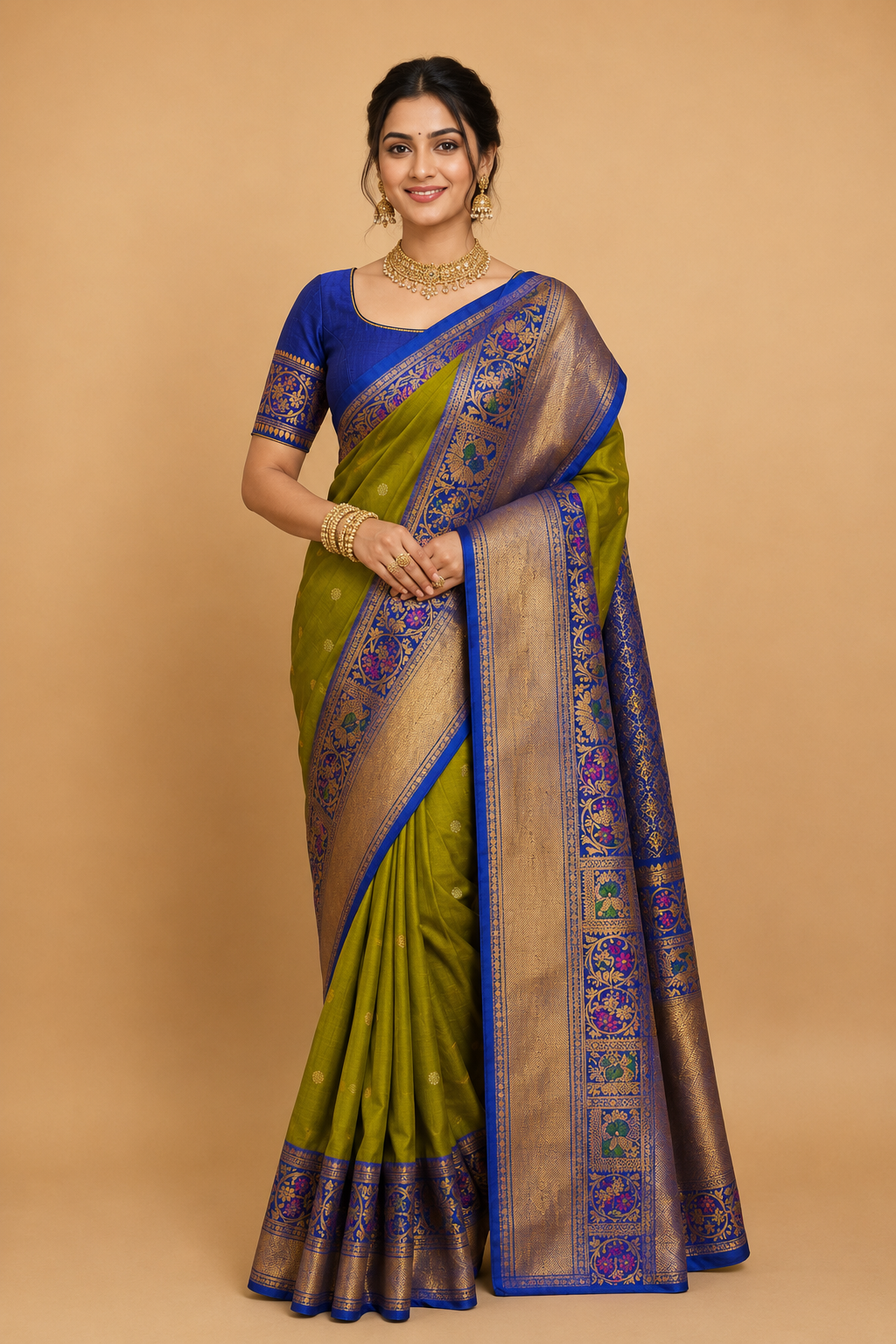 ZARTARI Handwoven Paithani Silk Saree – Olive Green with Royal Blue Floral Zari Border & Rich Woven Pallu