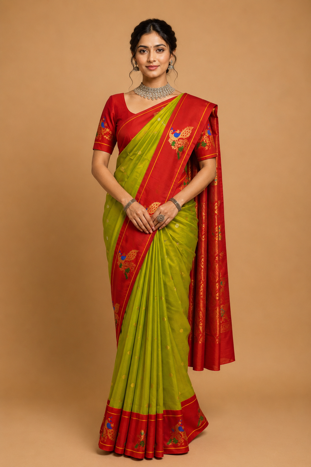 ZARTARI Handwoven Paithani Silk Saree – Parrot Green & Vermilion Red with Peacock Zari Border