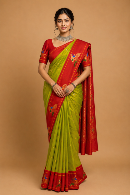 ZARTARI Handwoven Paithani Silk Saree – Parrot Green & Vermilion Red with Peacock Zari Border