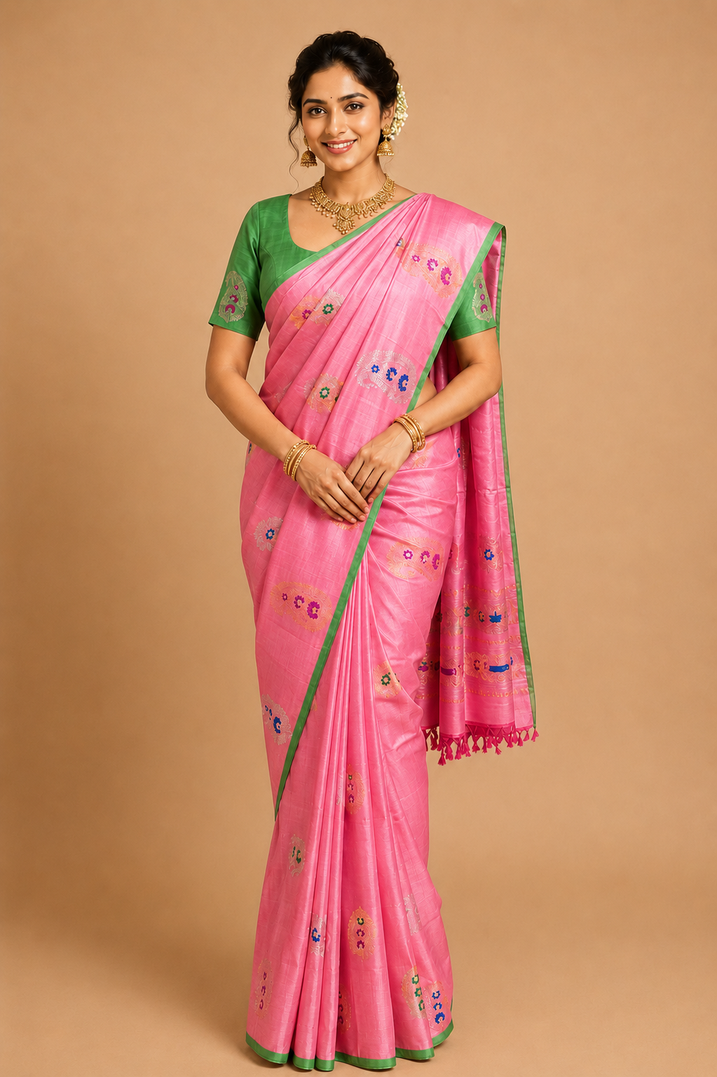 ZARTARI Handwoven Paithani Silk Saree – Peach Pink with Green Border & Traditional Multicolour Paisley Butta