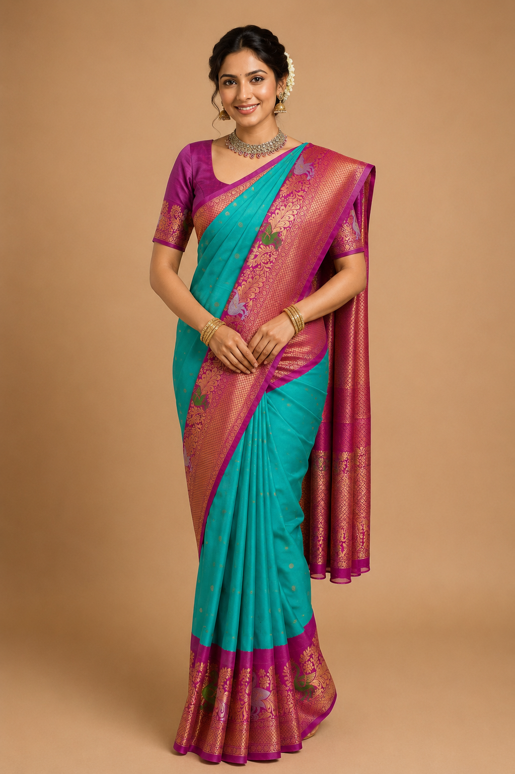 ZARTARI Handwoven Paithani Silk Saree – Turquoise Blue with Rani Pink Border & Rich Peacock Zari Weaving
