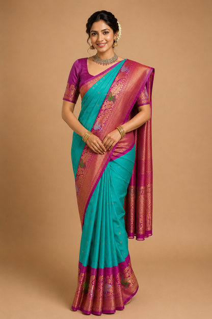 ZARTARI Handwoven Paithani Silk Saree – Turquoise Blue with Rani Pink Border & Rich Peacock Zari Weaving