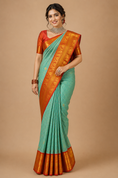 ZARTARI Handwoven Paithani Silk Saree – Aqua Blue Checks with Ruby Red Antique Gold Zari Border