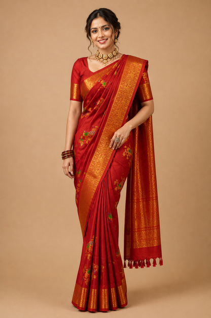 ZARTARI Handwoven Paithani Silk Saree – Deep Maroon with Antique Gold Zari Border & Multicolor Peacock Motifs