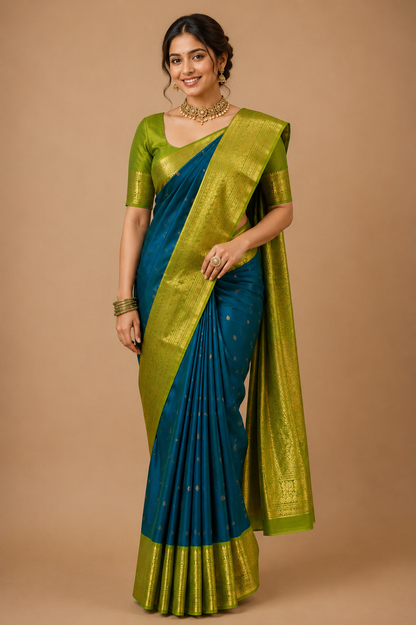 ZARTARI Handwoven Paithani Silk Saree – Royal Blue with Olive Green Antique Gold Zari Border