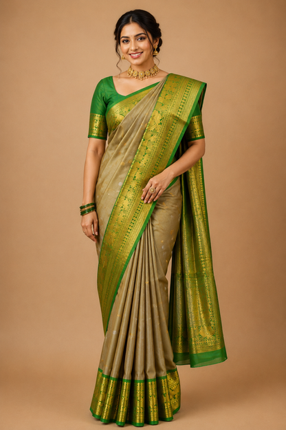ZARTARI Handwoven Paithani Silk Saree – Beige with Emerald Green Rich Zari Border