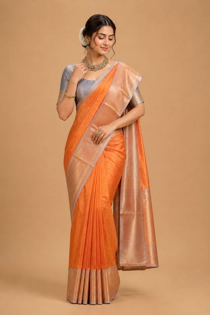 ZARTARI Handwoven Banarasi Silk Saree – Peach Orange with Silver-Gold Zari Border & Rich Woven Pallu