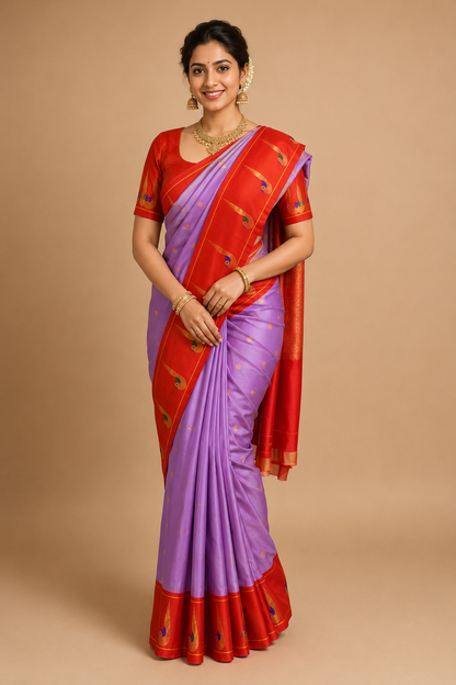 ZARTARI Handwoven Paithani Silk Saree – Lavender with Red Peacock Zari Border & Traditional Woven Pallu