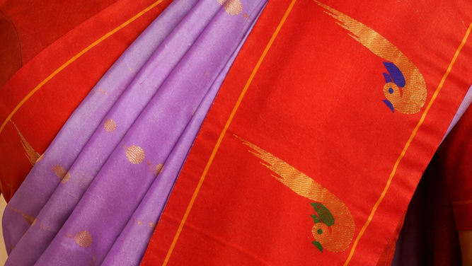 ZARTARI Handwoven Paithani Silk Saree – Lavender with Red Peacock Zari Border & Traditional Woven Pallu