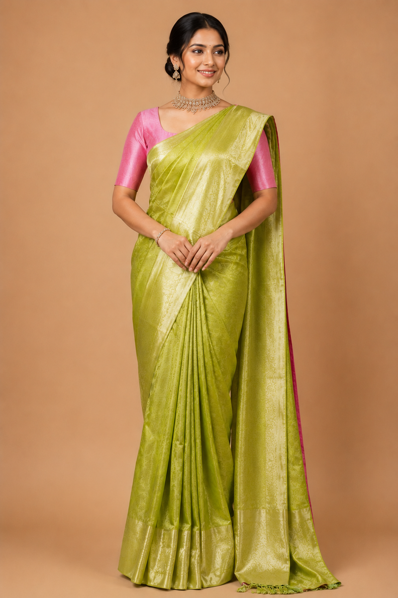 Zartari Handwoven Kanjivaram Silk Saree | Parrot Green with Pink Contrast Pallu | Traditional Wedding Silk Saree - Pure Silk Drape
