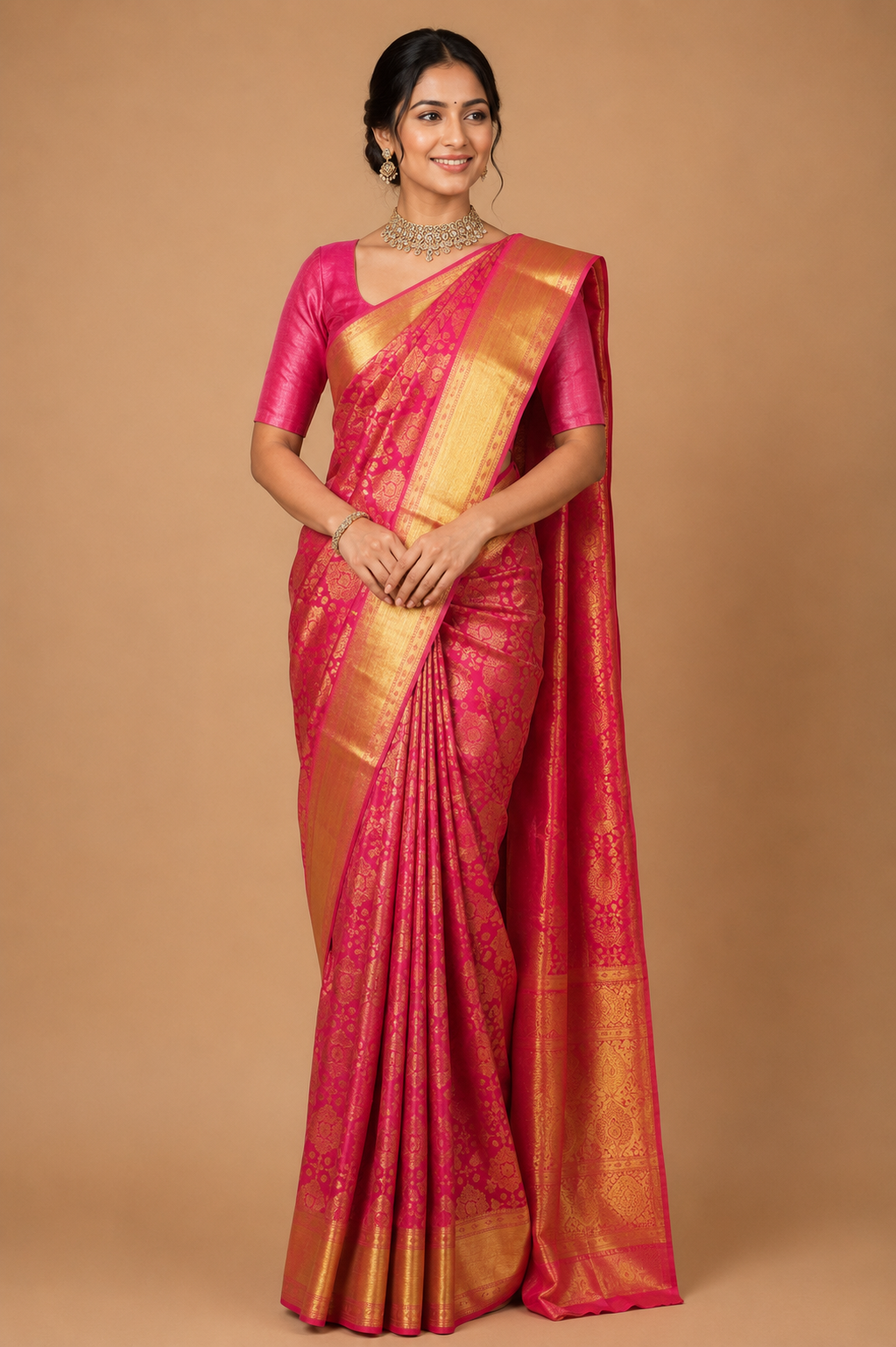Zartari Handwoven Kanjivaram Silk Saree | Rani Pink with Rich Gold Zari Weaving | Traditional Wedding Silk Saree