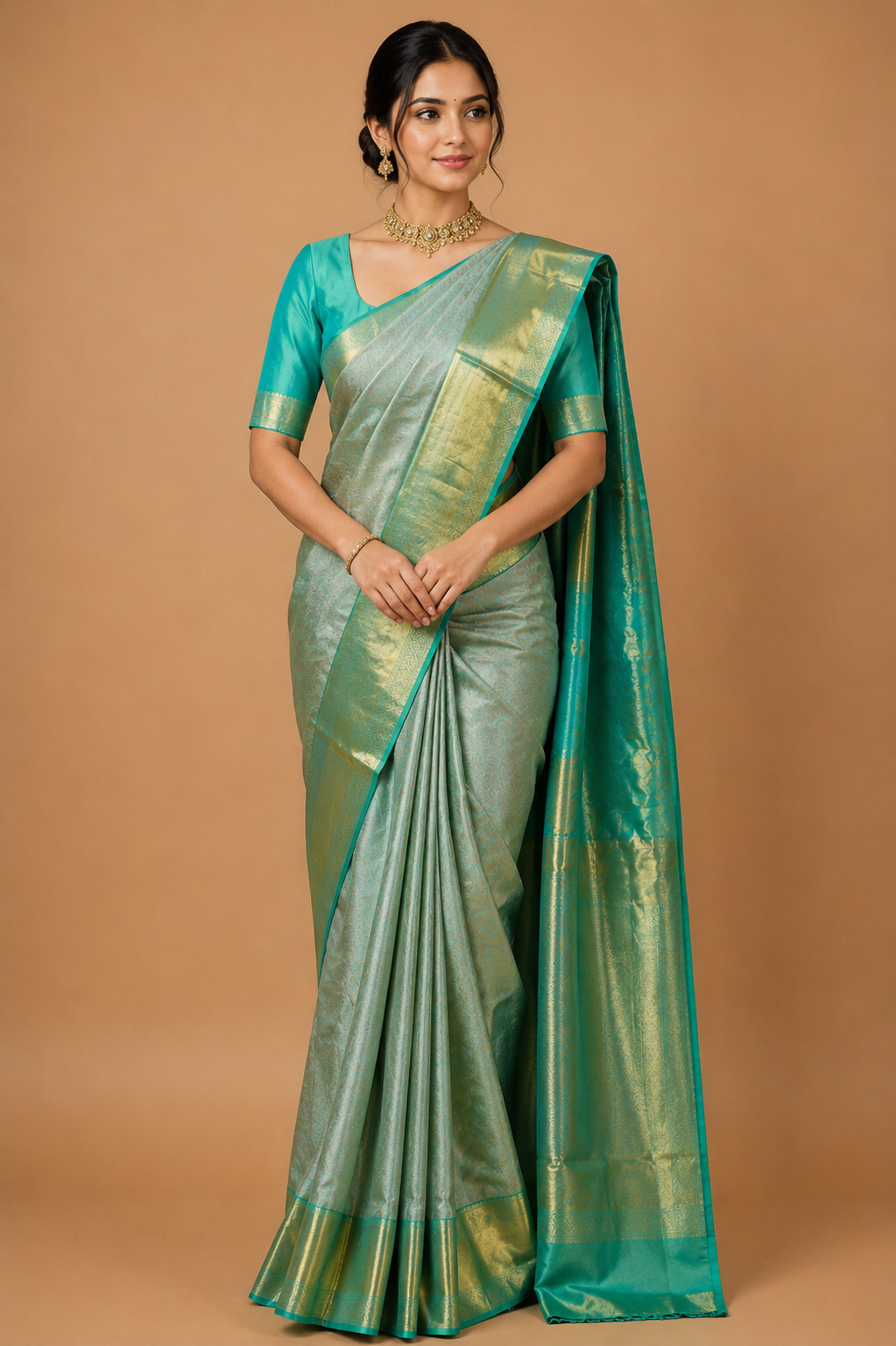 Zartari Handwoven Kanjivaram Silk Saree | Silver Tissue with Emerald Green Gold Zari Border | Premium Wedding Silk Saree